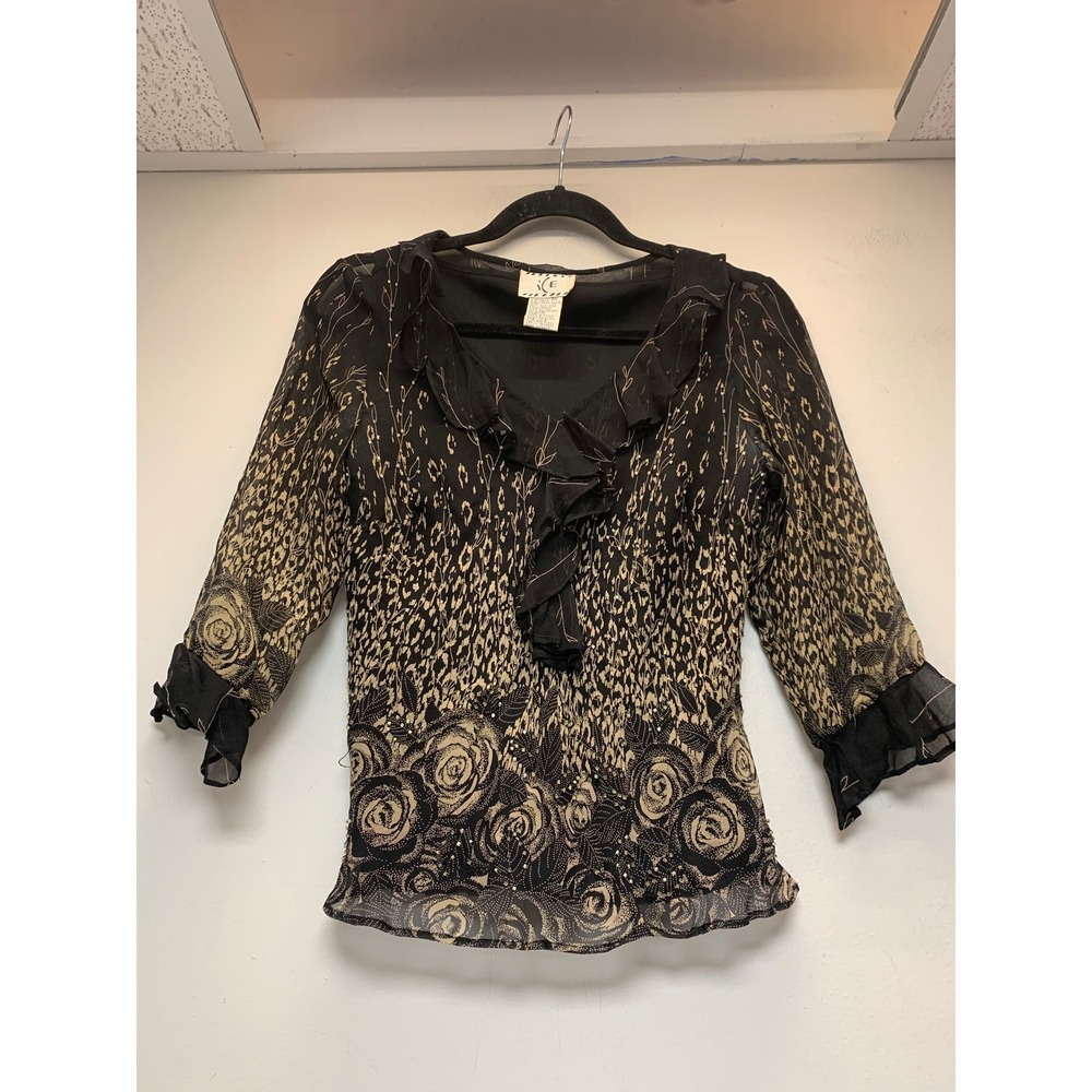 ICE Blouse Women PM Black Excellent Silk Animal Floral Ruffle Beaded V-Neck 9833